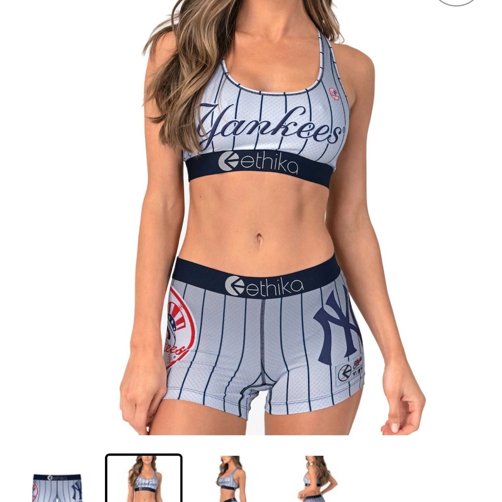 ethika Women’s Yankees Pinstripe Sports Bra & Shorts Set in Light Gray and Navy